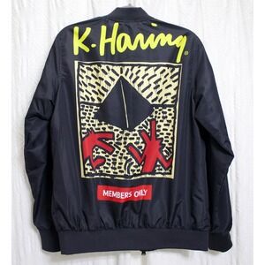 Keith Haring Members Only Black Windbreaker Jacket Full Zip Men's Pop Art Size S